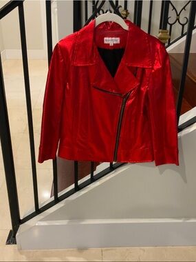 Shiny Red Asymmetric Moto Jacket by Nadri